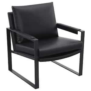 Black Vegan Faux Leather Arm Chair with Removable Seat and Padded Backrest