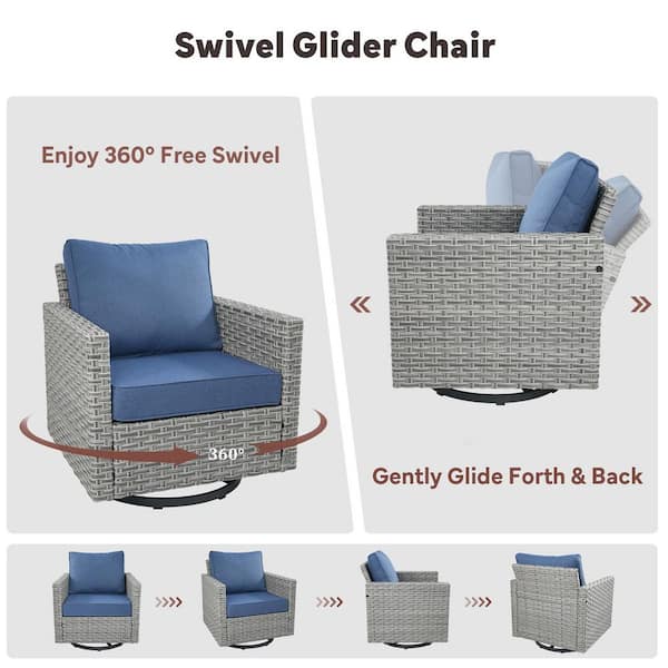 U-Foot Taupe Swivel Glider Wicker Outdoor Rocking Chair with Olefin Blue Cushions/Patio Swivel Chairs (2-Pack)
