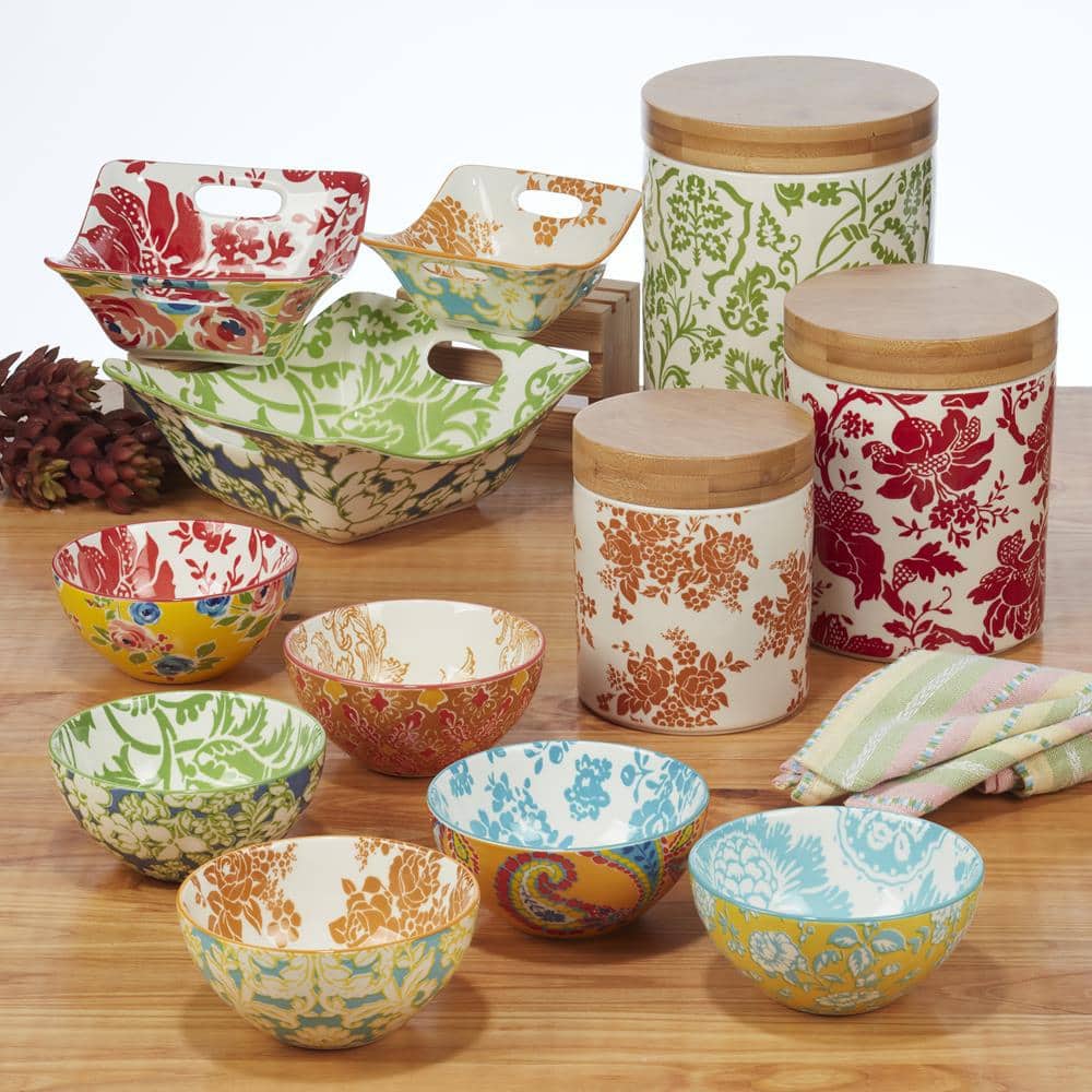 Set of 4 Multicolor Ceramic Floral Soup Bowls