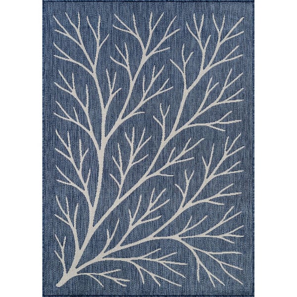 Flora Blue 9 ft. x 12 ft. Coral Branch Washable Indoor Outdoor Area Rug