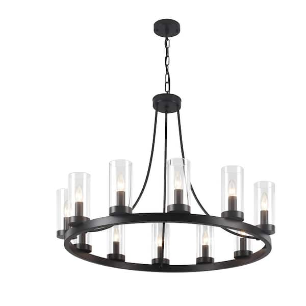 12-Light Modern Black Wagon Wheel Chandelier with Clear Cylinder Glass Shades