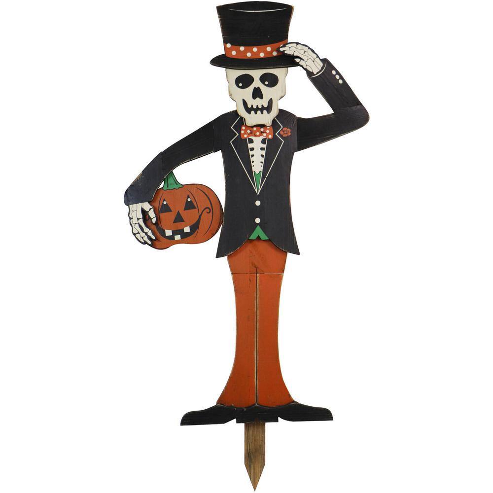 46" Painted Skeleton Holding Pumpkin Wooden Yard Stake