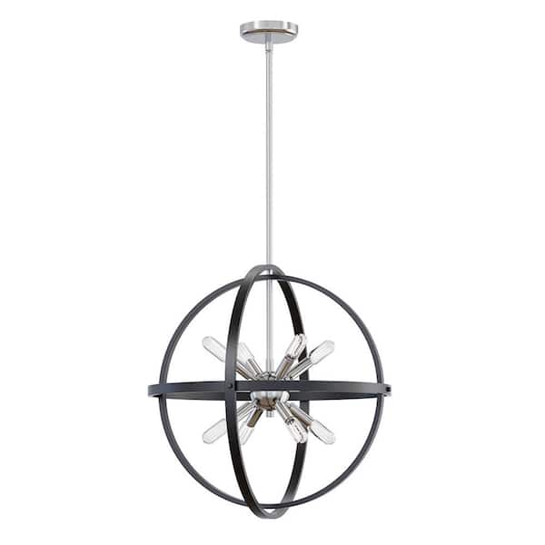 Renfro 8-Light 20.5 in. Plug and Play Black and Brushed Nickel Sphere Pendant Chandelier with SkyPlug