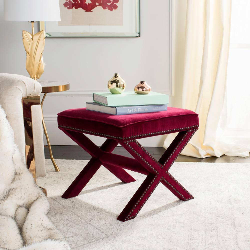 Palmer Red Velvet Ottoman with Brass Nailhead Trim