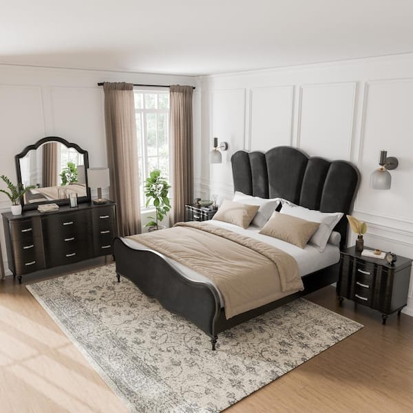 Furniture of America Seabliss 5-Piece Glam Black Wood Queen Platform Bedroom Set With 2 Nightstands and Dresser/Mirror