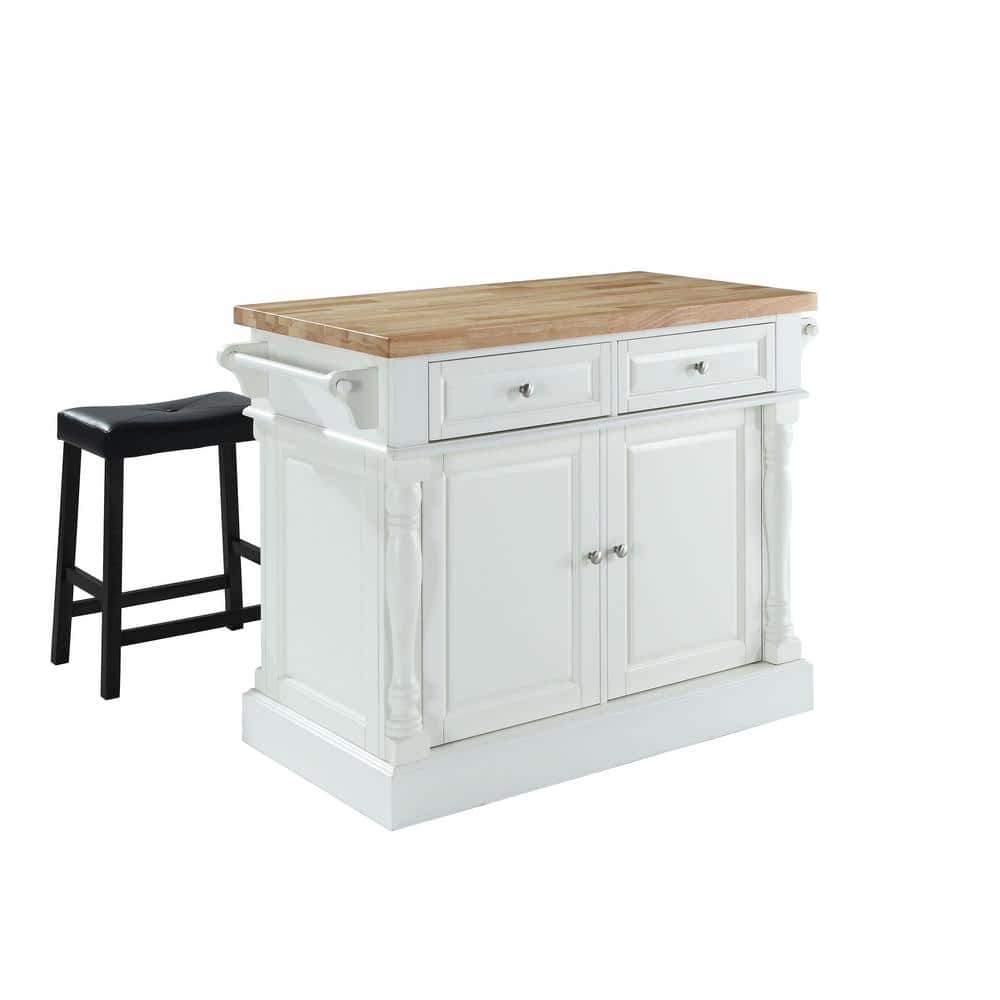 Oxford Solid Wood White Kitchen Island with Butcher Block and Saddle Stools