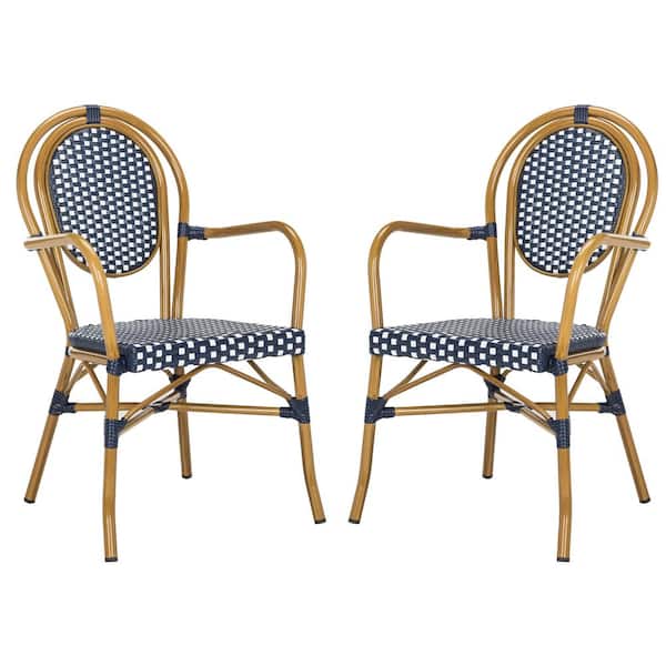 SAFAVIEH Rosen Navy/White Stackable Aluminum/Wicker Outdoor Dining Chair (2-Pack)