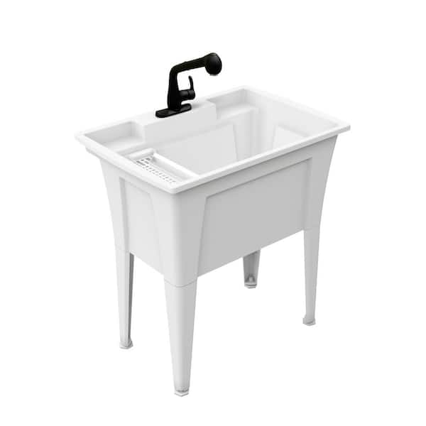 RUGGED TUB 32 in. x 22in.  White Freestanding Utility/Laundry Sink with 1-Handle Black Pullout Faucet and Installation Kit