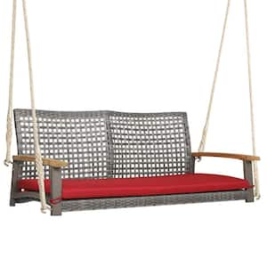 2-Person Wood Patio Wicker Hanging Porch Swing Chair with Red Cushion