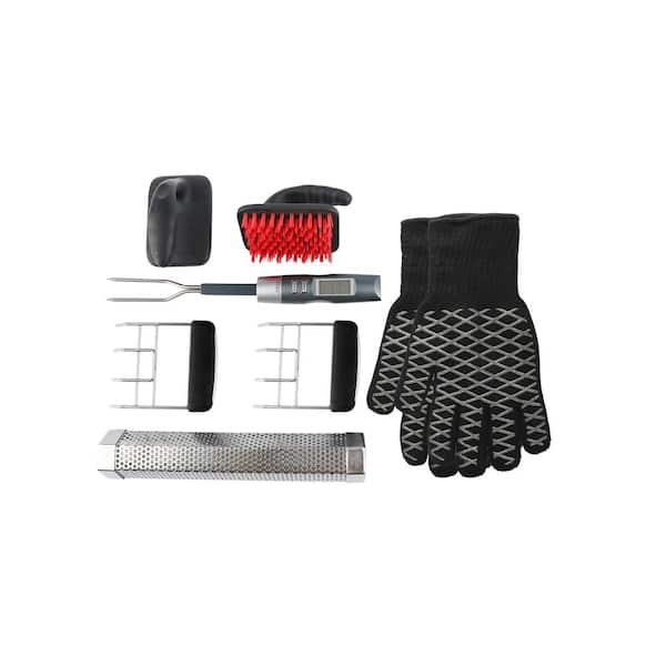 PITMASTER KING 8-Pcs Smoker & Grill Set w/ Heat Resistant Gloves, BBQ Fork & Thermometer, Pellet Smoker Tube, Meat Claws, Grill Brushes
