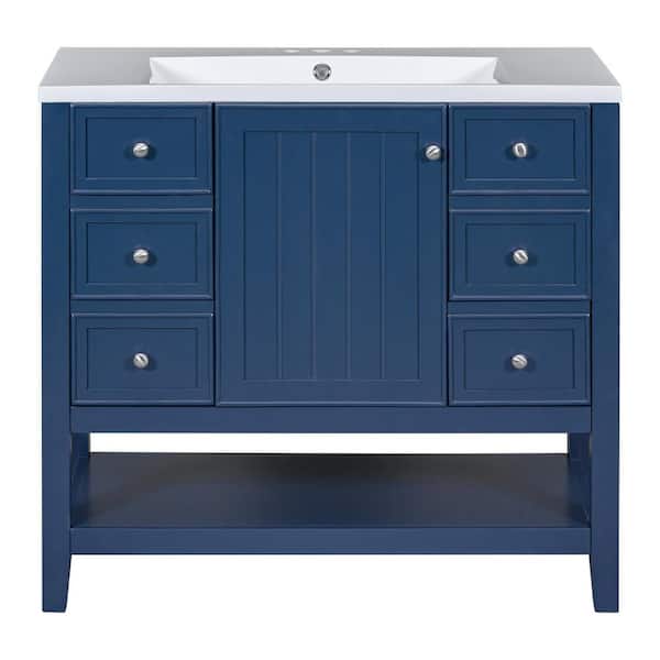 36 in. Blue Wood Rectangle Vessel Sink Bathroom Vanity Combo with 1 Cabinet and 3 Drawers
