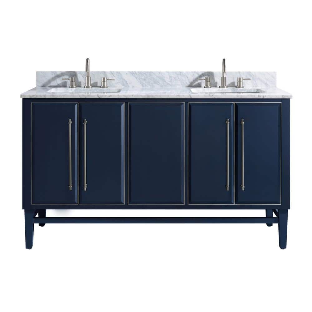 Mason 61 in. Double Sink Navy Blue with Silver Trim Bath Vanity with Carrara White Marble Top price history on PriceWatchPro