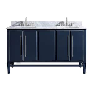 Mason 61 in. W x 22 in. D Bath Vanity in Navy Blue/Silver Trim with Marble Vanity Top in Carrara White with White Basins