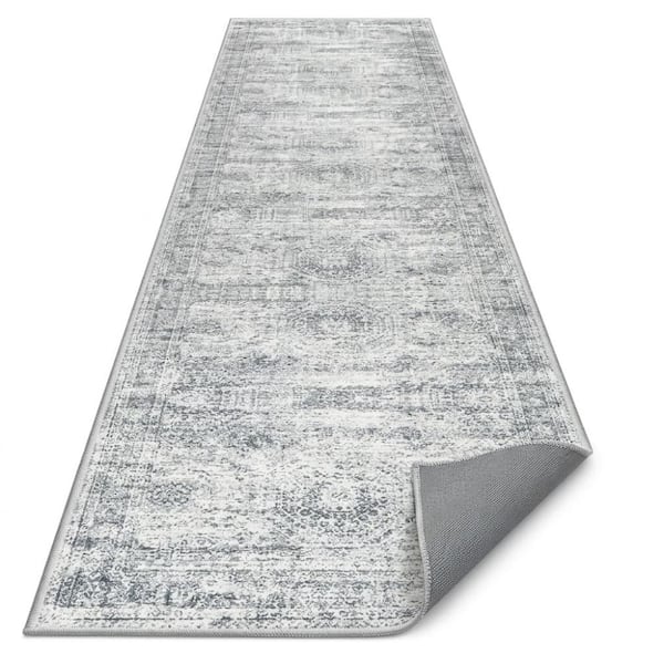 2'x8' Non Slip Runner Rug, Washable Low Pile Carpet with Rubber Backing, Grey Ivory