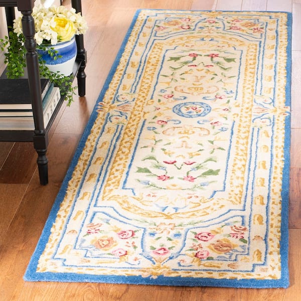 Savonnerie 3 ft. x 8 ft. Blue/Ivory Floral Border Runner Rug