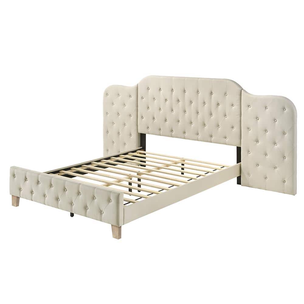 Beige Linen Upholstered Queen Bed with Tufted Headboard and Storage Drawer
