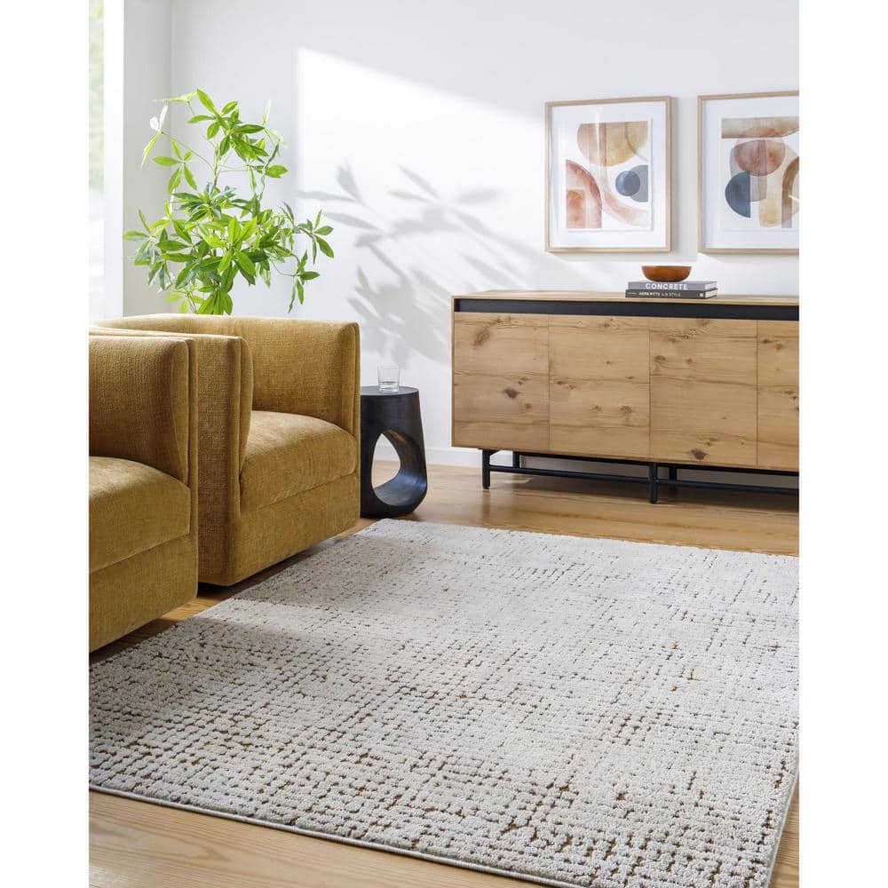 Ivory and Brown High Pile Polyester Area Rug, 5'3" x 7'