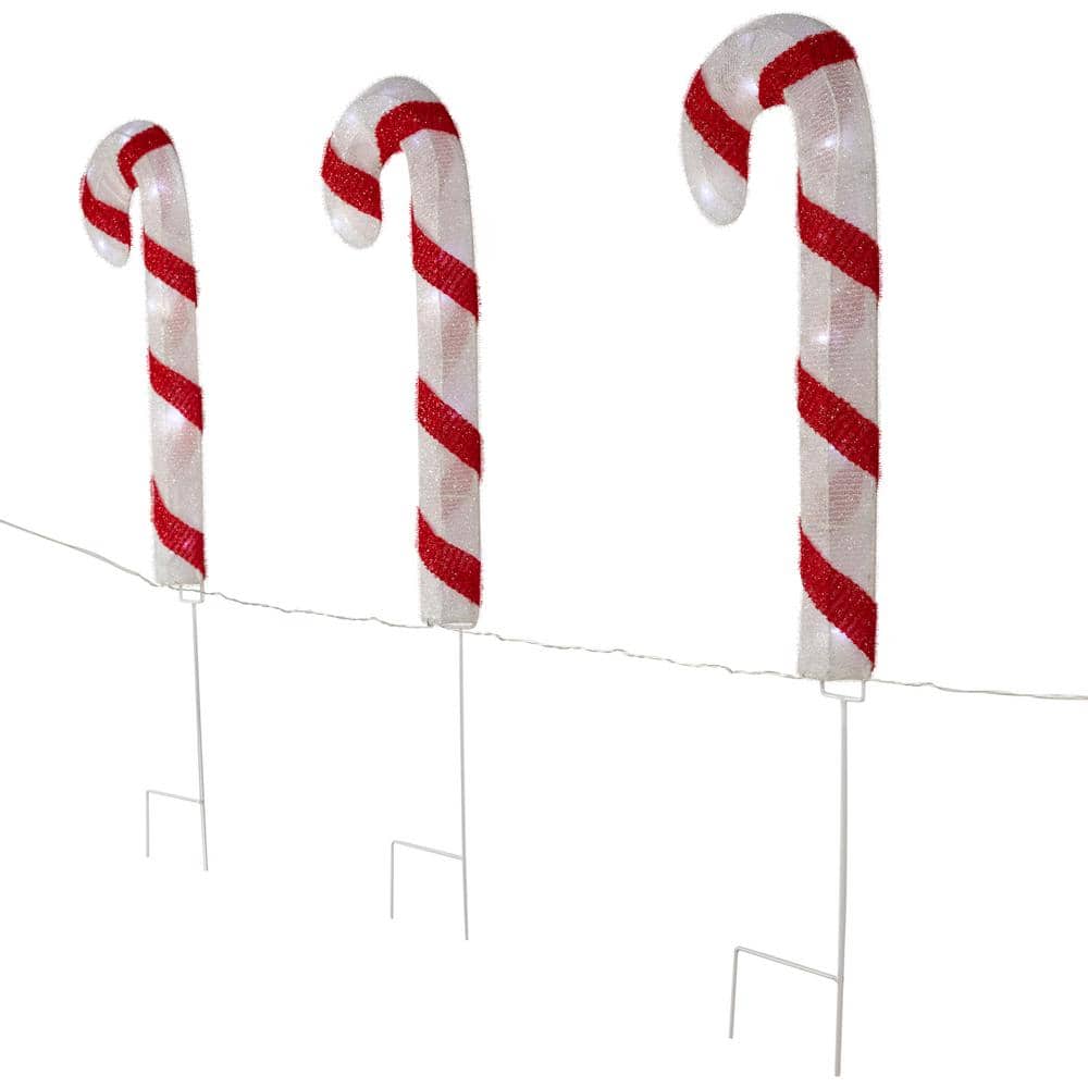 Set of 3 Red and White Lighted Candy Cane Lawn Stakes
