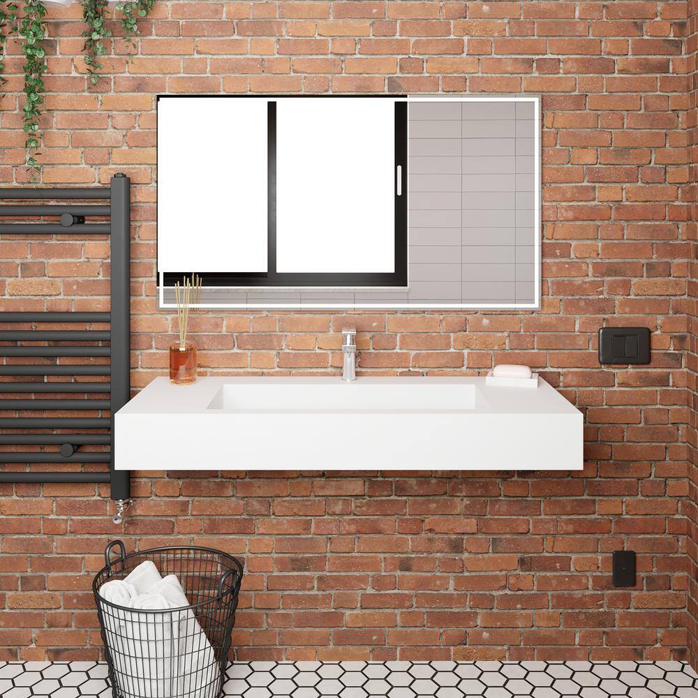 48" White Wall-Mounted Rectangular Stone Bathroom Sink