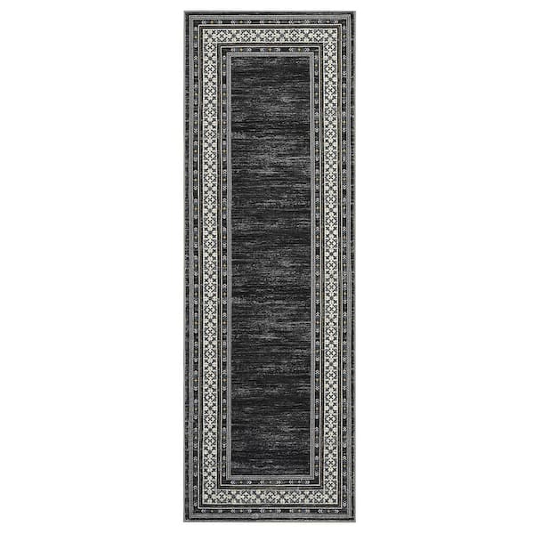 Black 2 ft. x 6 ft. Washable Bordered Runner Rug, Non Slip Low Pile Stain Resistant Rug for Hallway, Entryway