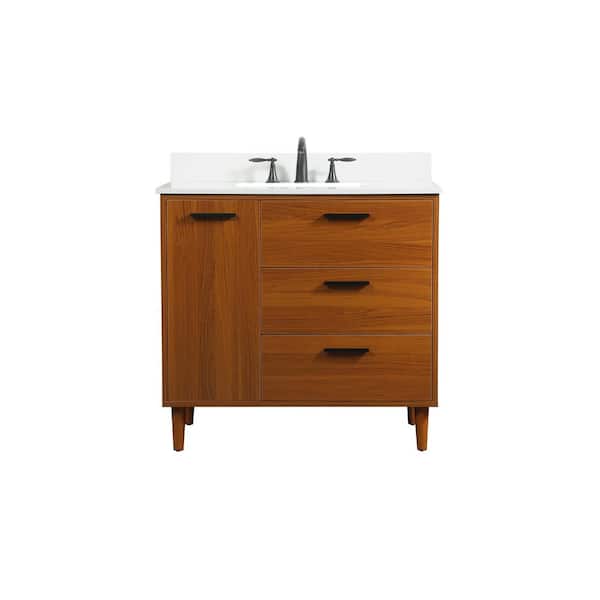 Unbranded Simply Living 36 in. W x 22 in. D x 34 in. H Bath Vanity in Teak with Ivory White Engineered Marble Top