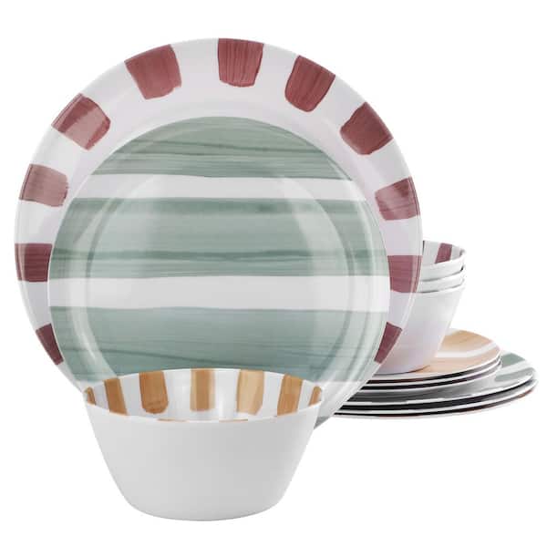 Cottage Stripes 12-Piece Melamine Dinnerware Set in White and Multi