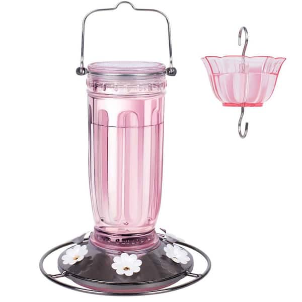 16 oz. Pink Glass Hummingbird Feeder with 6 Bee Guard Ports and Ant Moat for Outdoor Hanging as Gifts for Women (1-Pack)
