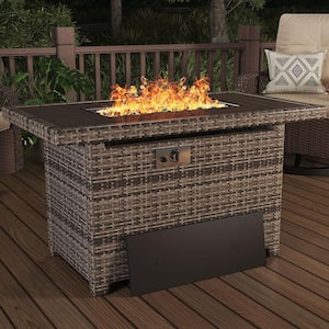 44 in. 50,000 BTU Rectangular Gray Wicker Outdoor Fire Pit Table with Rain Cover Propane Gas