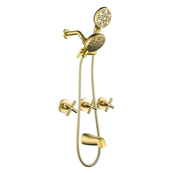 AIMADI Triple Handle 7-Spray Wall Mount Tub and Shower Faucet 1.8 GPM 2 in. 1-Shower Combo Set in Brushed Gold Valve Included
