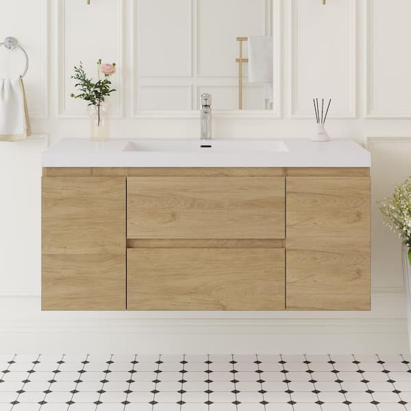47.24 in. W x 19.69 in. D x 22.44 in. H Wall Hung Bath Vanity in Natural Oak with Resin Single Basin Vanity Top in White