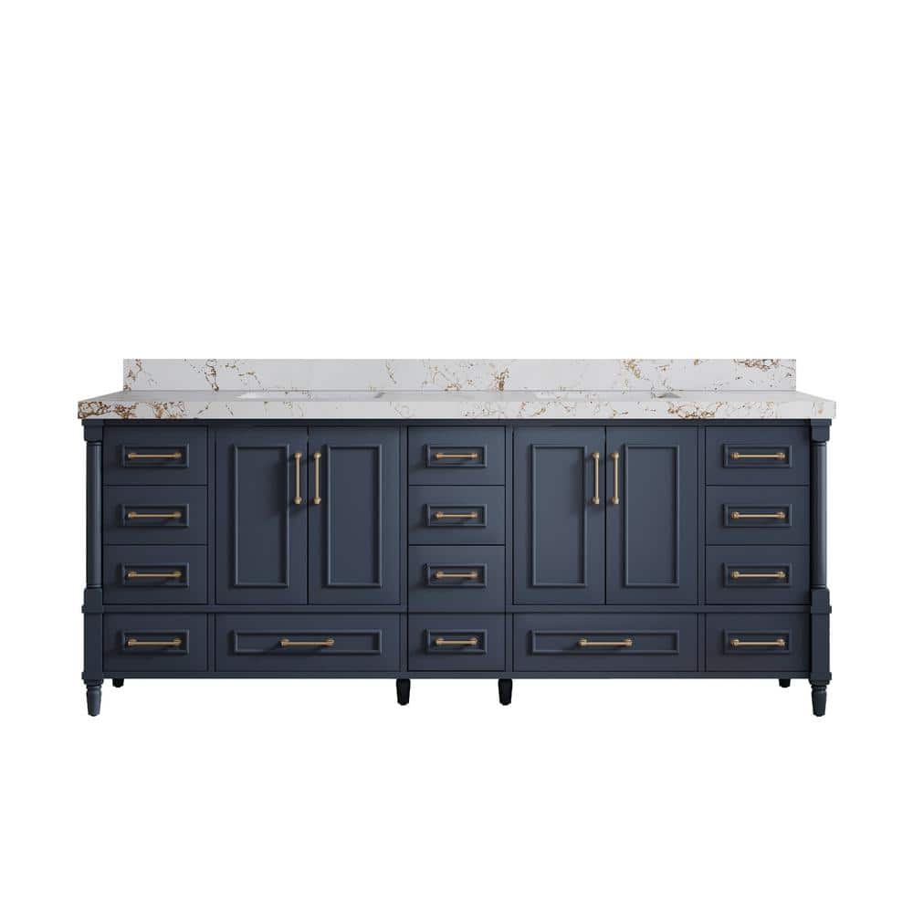 Hudson 84 in. Double Sink Freestanding Navy Blue Bath Vanity with Viola Gold Quartz Top Unassembled price history on PriceWatchPro