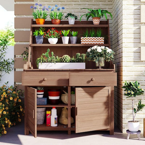 Zeus & Ruta 47.2 in. W x 65 in. H Brown Garden Potting Bench Table with Storage Shelf, Drawer and Cabinet
