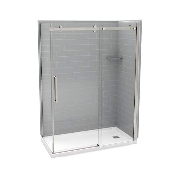 Utile Metro 32 in. x 60 in. x 83.5 in. Right Drain Corner Shower Kit in Ash Grey with Brushed Nickel Shower Door