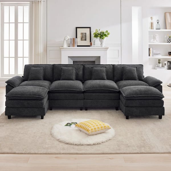 Dark Gray 136.6 in. Chenille Fabric 6-Seat Pillow Top Arm U-Shaped Sectional Sofa with 2 Ottomans for Living Room