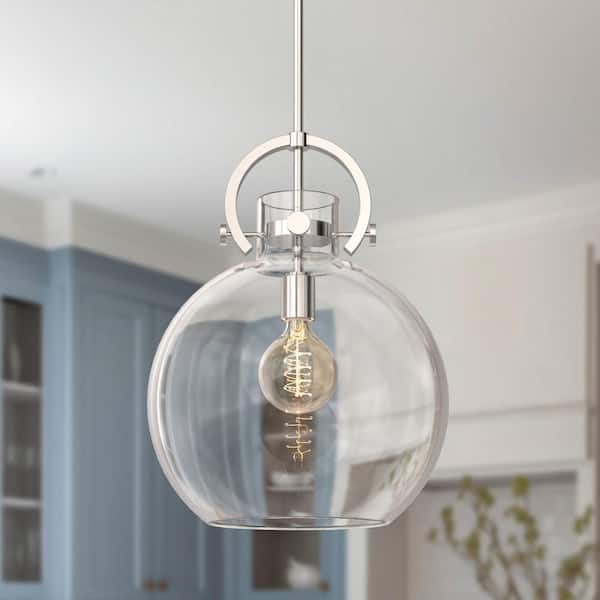 14 in. 1-Light Modern Brushed Nickel Globe Pendant Light with Clear Glass Shade for Kitchen, Dining, or Foyer Spaces