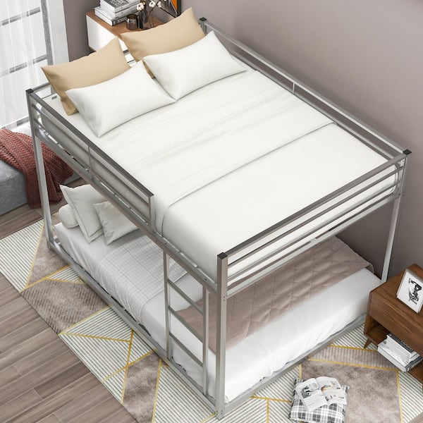 Harper & Bright Designs Silver Full Over Full Metal Low Bunk Bed with Ladder