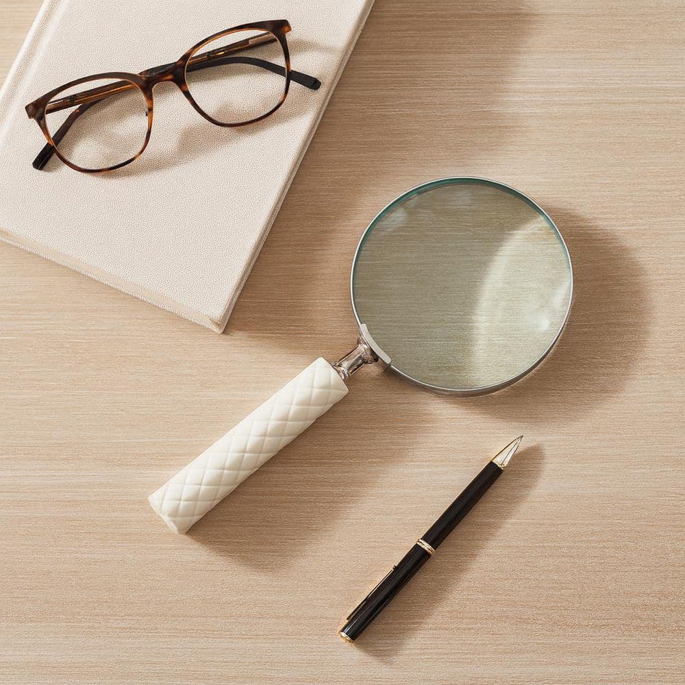 Beige/White 4 in. x 1 in. Resin Metal Carved Handle Magnifying Glass Sculpture