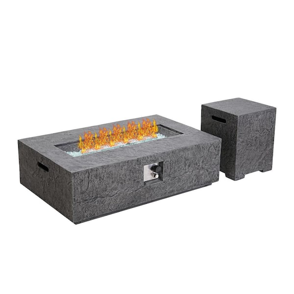 Runesay 48 in. Black Stone Patio 50000 BTU Rectangle Propane Gas Fire Pit table with Glass Wind Guard and Tank Cover
