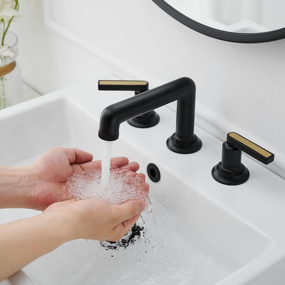 Matte Black Widespread Double Handle Bathroom Faucet with Metal Drain