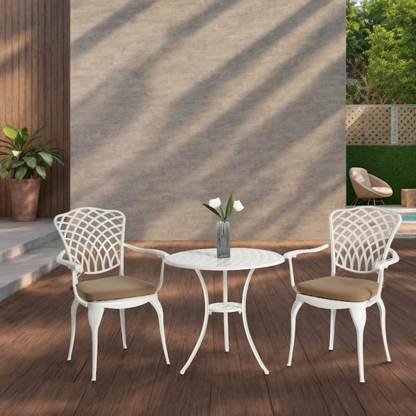 3-Piece Cast Aluminum Round Table White Outdoor Bistro Set ArmChairs with Brown Cushion