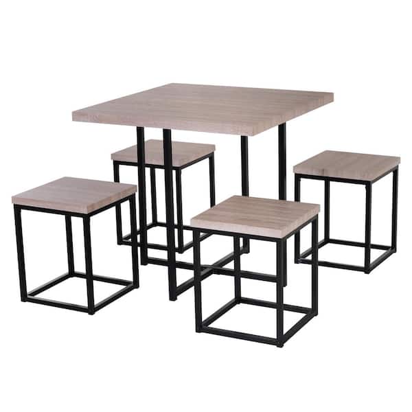 Natural Wooden Modern Dining Stool and Table Set (Set of 5)