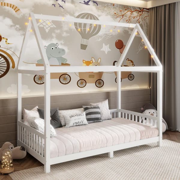 White Wood Frame Twin Size Platform Bed with Guardrail and LED