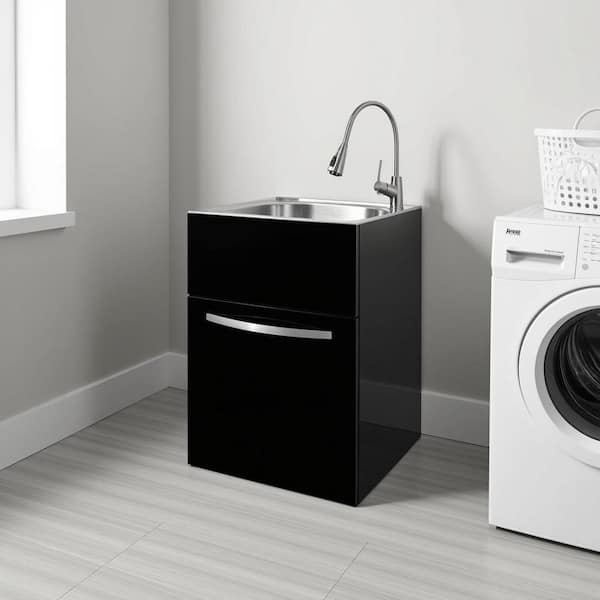24 in. W x 21 in. D x 34 in. L Stainless Steel Laundry Sink with Faucet and Drawer Cabinet in Black