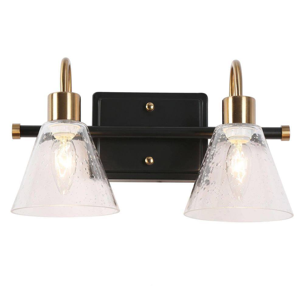 Uolfin 13.8 in. 2-Light Black and Brass Vanity Light with Seeded Glass ...