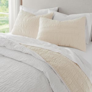 3-Piece Bright White & Khaki Handcrafted Reversible Pick-Stitch Cotton Quilt Set in Full/Queen Size