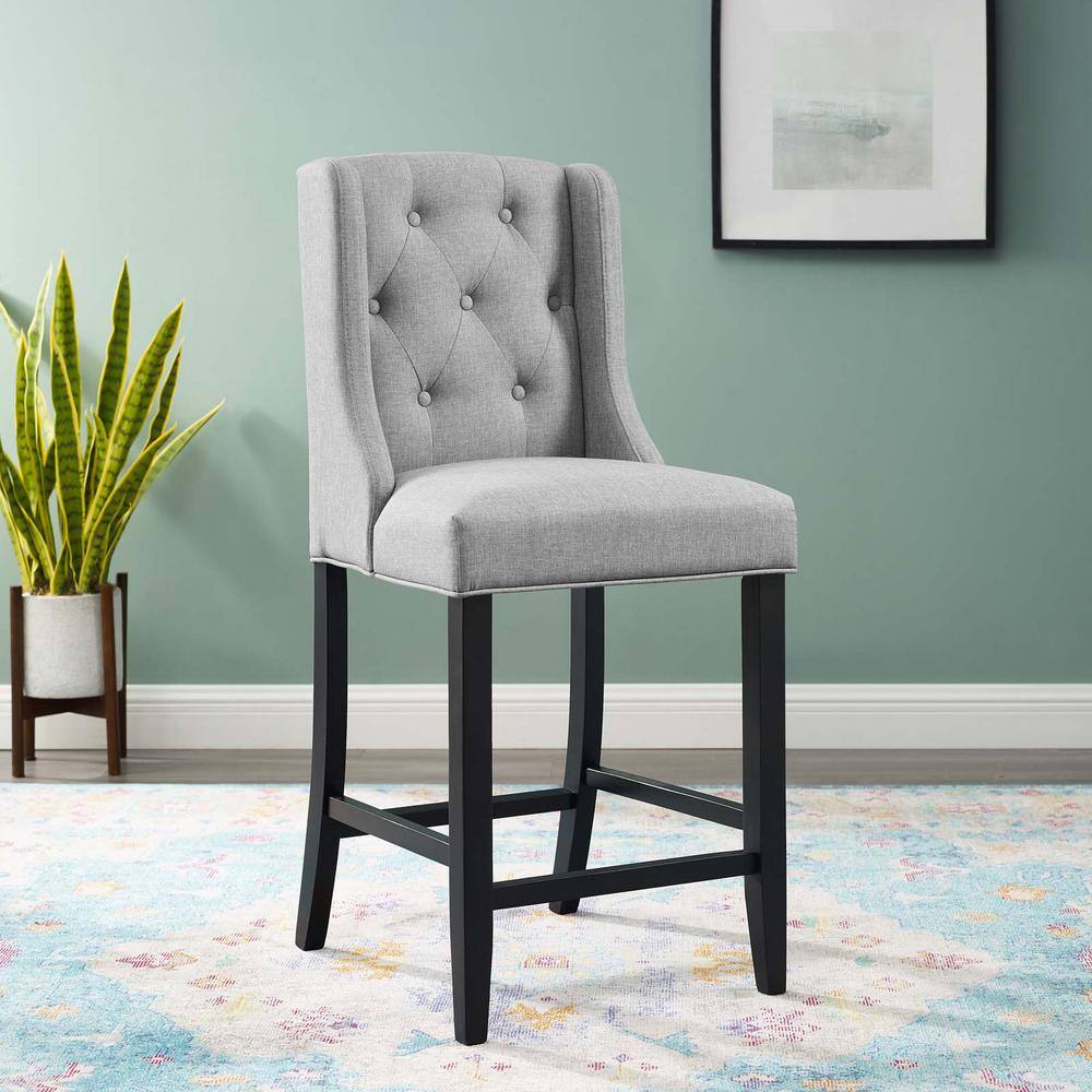 Light Gray Tufted Button Upholstered Counter Stool with Wood Legs