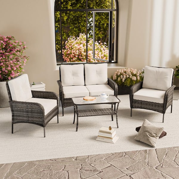 4-Piece Wicker Patio Conversation Set with Cushion