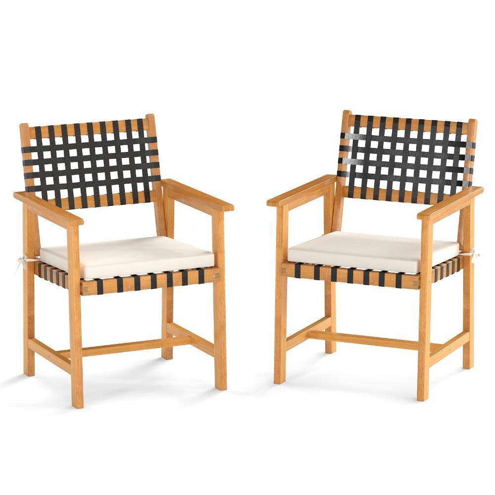Set of 2 Acacia Wood Outdoor Dining Chairs with Curved Rope Backs, Armrests and Cushions, White price history on PriceWatchPro