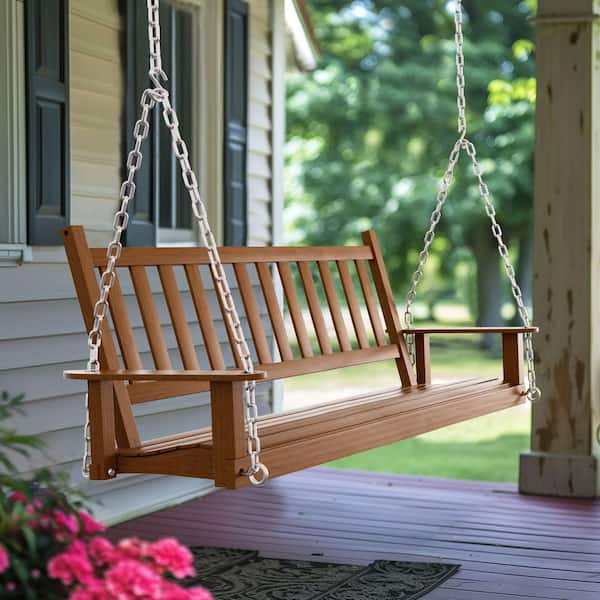 VEIKOUS 5 ft. Outdoor Wooden Patio Porch Swing with Chains and Curved Bench in Wood Color