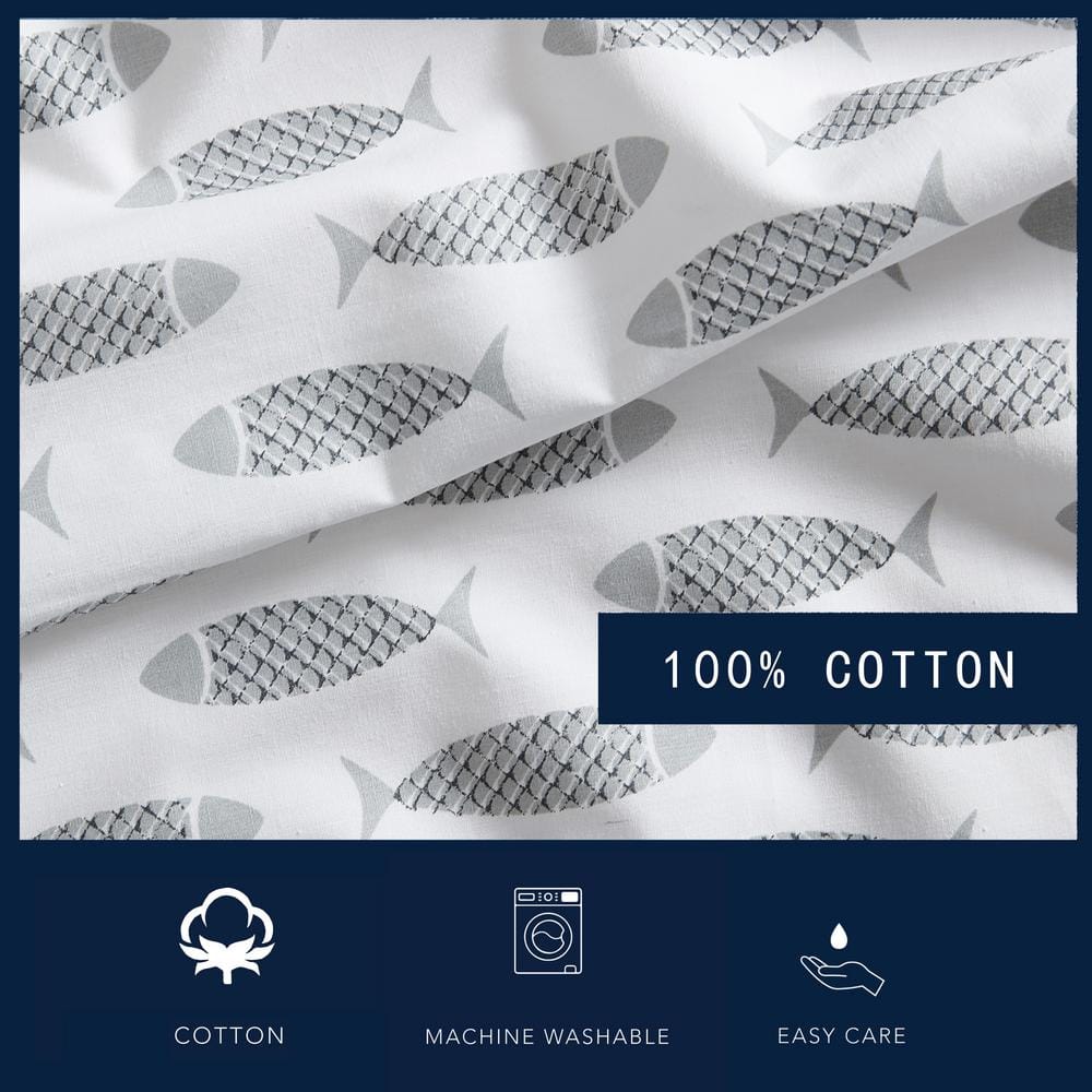 Gray Cotton Percale Queen Sheet Set with Fish Print